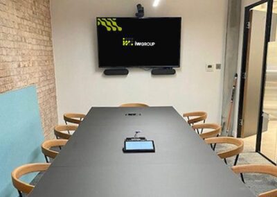 Meeting Room with Large TV Screen Showing iwGROUP logo